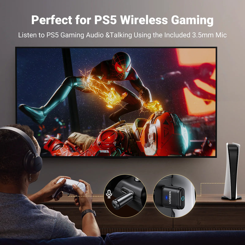 UGREEN USB Bluetooth 5.3 Transmitter aptX HD AD Audio Adapter for PS5 PS4 Nintendo Switch Headset Speaker Mic Bluetooth Receiver