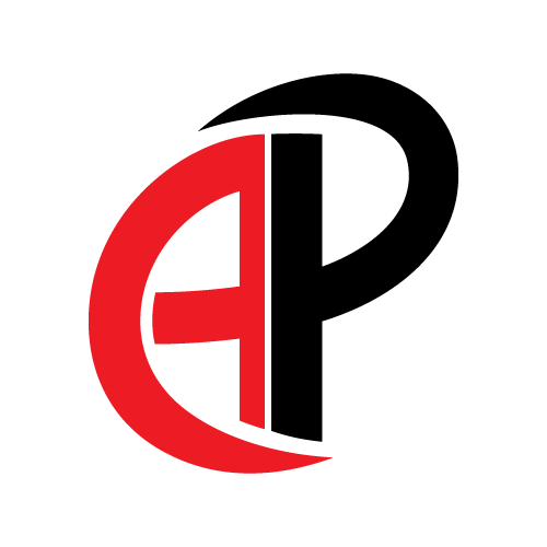 Logo with a red circle and black 'P' on a white background