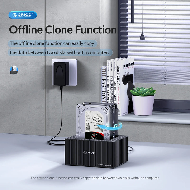 ORICO-Dual-Bay Docking Station, Type-C, 5Gbps, 2.5 ", 3.5" HDD, SSD, 12V, 3A Power, UASP Container Design 10Gbps type-c cable