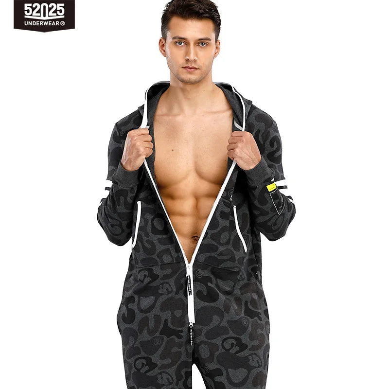52025 Men’s Hooded Jumpsuit – One-Piece Cotton Pajamas, Comfortable Hooded Lounge Onesie for Men. Relax in Style and Comfort