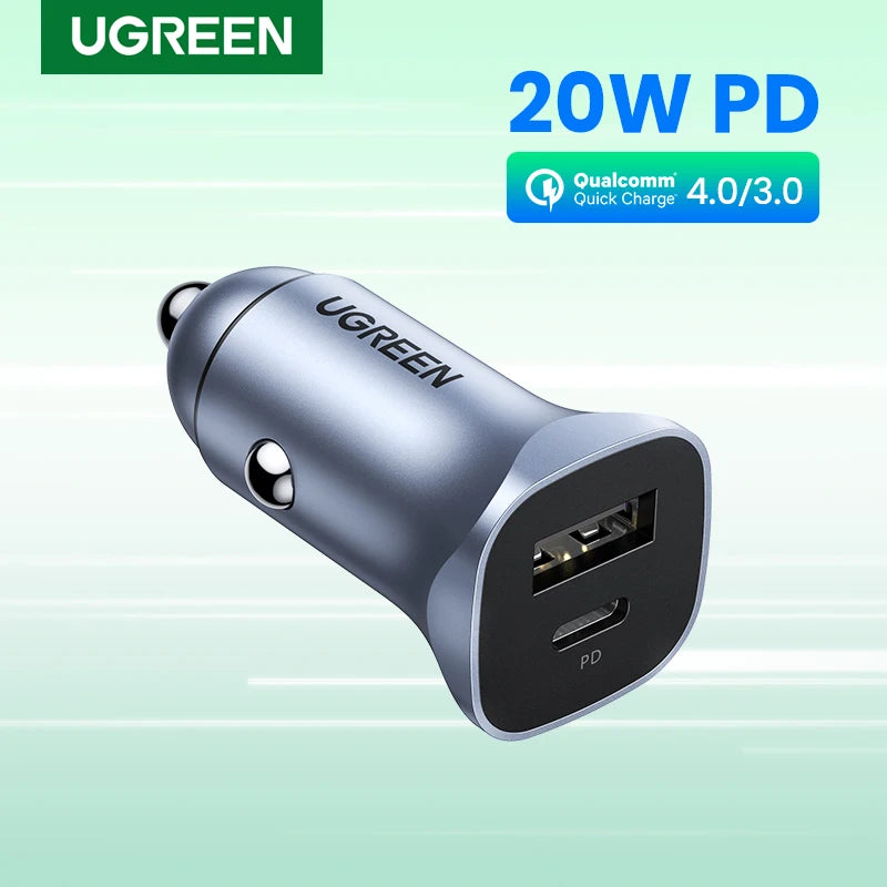 UGREEN 24W Car Charger Dual Port QC 4.0 3.0 Fast Charging For iPhone 17 16 15 Xiaomi Huawei Samsung Supercharge Type C Charger