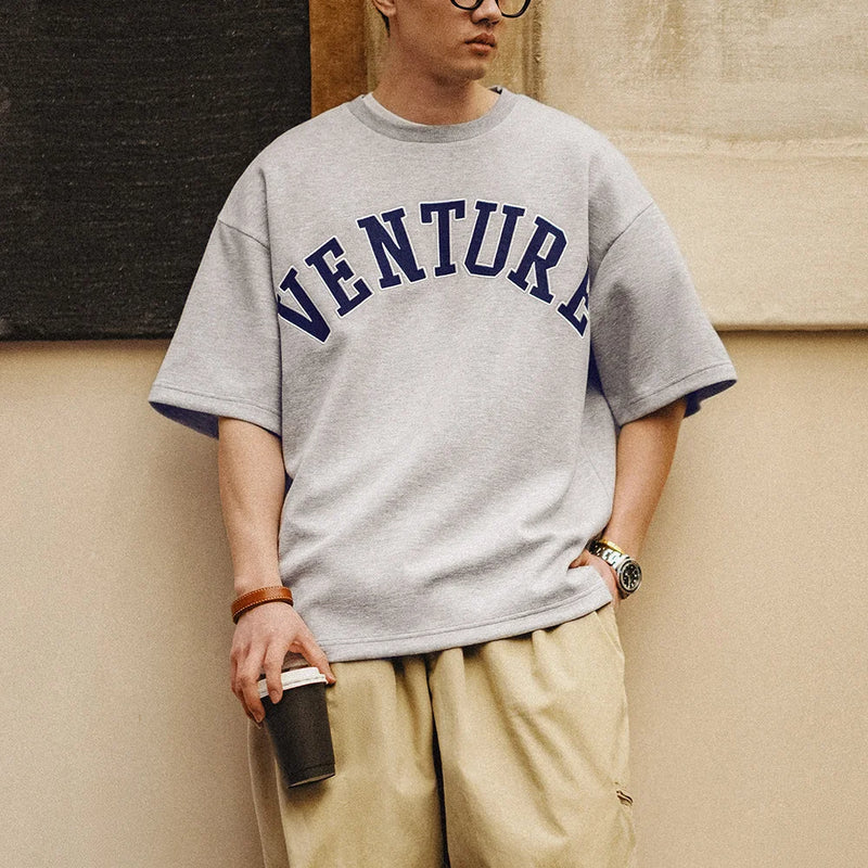 Maden 2024 New Retro Layer Letter Embroidery T-shirt Loose 320g/m² Heavyweight Round Neck Short-sleeved for Men's Summer
