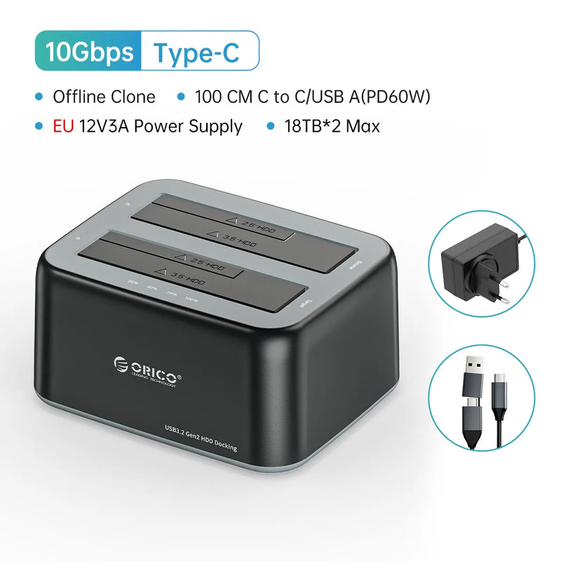 ORICO-Dual-Bay Docking Station, Type-C, 5Gbps, 2.5 ", 3.5" HDD, SSD, 12V, 3A Power, UASP Container Design 10Gbps type-c cable
