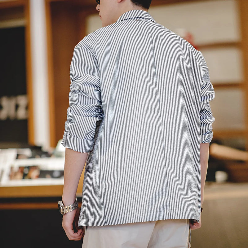 អាវធំ Maden ថ្មីបែប Vintage Casual Seersucker ឆ្នូតៗ Cityboy Flat Lapel អាវក្រៅរលុងសម្រាប់បុរសនិទាឃរដូវ និងរដូវស្លឹកឈើជ្រុះ
