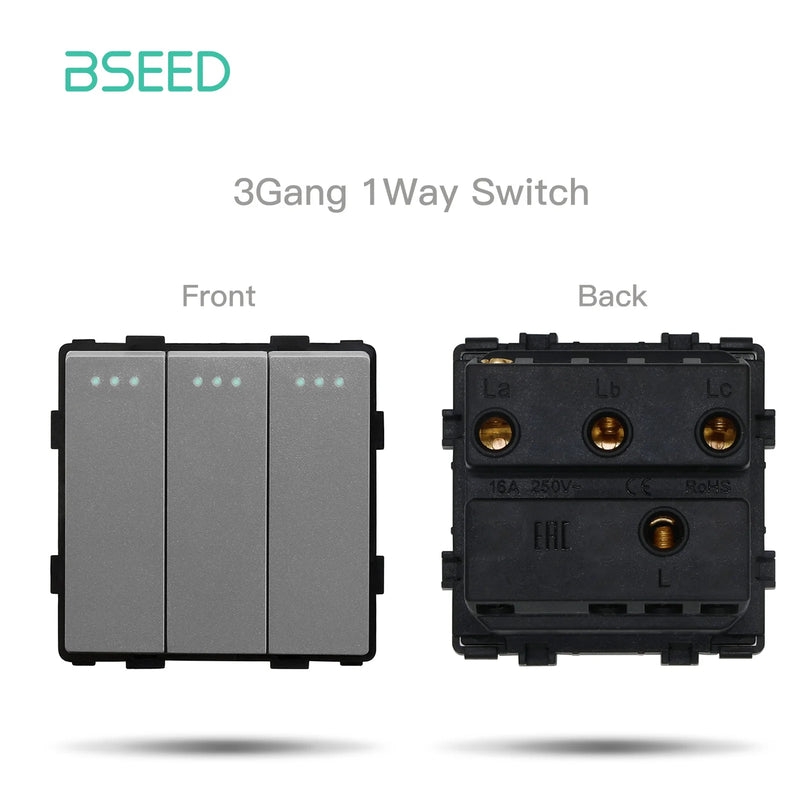 BSEED Wall Button Switch 1/2/3Gang Electrical Outlet Type-C Charge Port Double Socket DIY Function Part Plastic Frame Gray