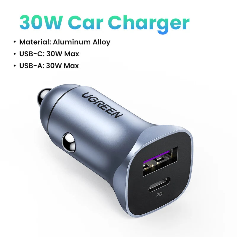 UGREEN 24W Car Charger Dual Port QC 4.0 3.0 Fast Charging For iPhone 17 16 15 Xiaomi Huawei Samsung Supercharge Type C Charger