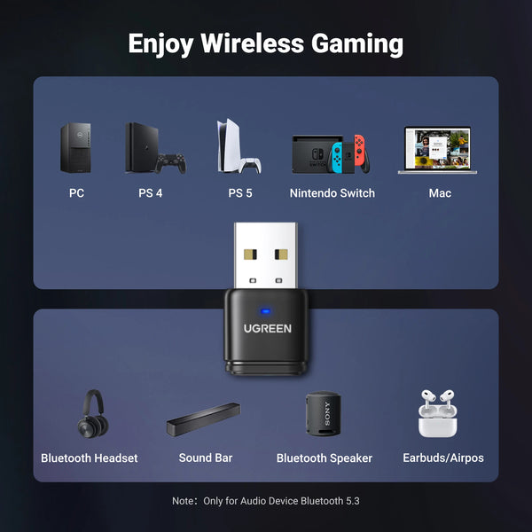 ឧបករណ៍បញ្ជូនសំឡេង UGREEN USB Bluetooth 5.3 aptX HD AD Audio Adapter សម្រាប់ PS5 PS4 Nintendo Switch Headset Speaker Mic Bluetooth Receiver