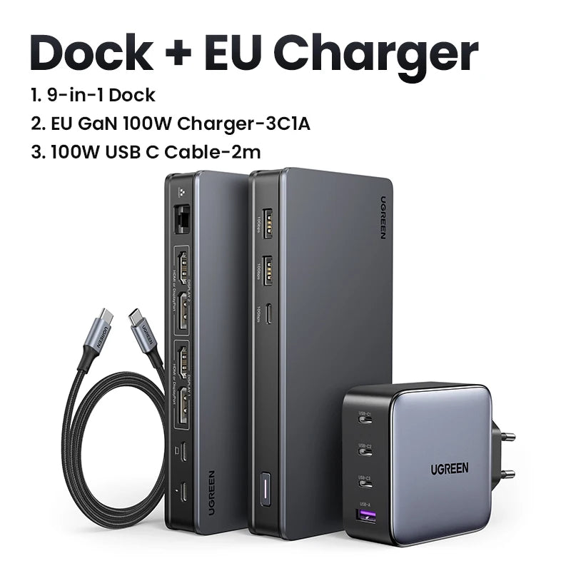 UGREEN USB C HUB Docking Station DisplayLink 9-in-1 2DP 2HDMI Dual 4K@60Hz for MacBook Windows 10Gbps PD100W Gigabit RJ45 Ports