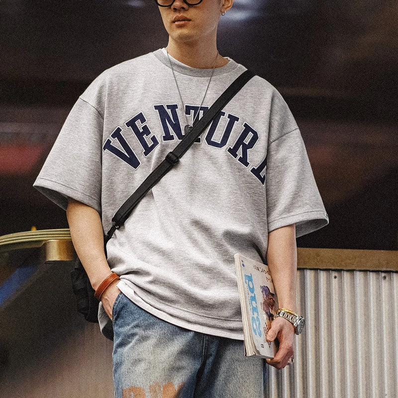 Maden 2024 New Retro Layer Letter Embroidery T-shirt Loose 320g/m² Heavyweight Round Neck Short-sleeved for Men's Summer
