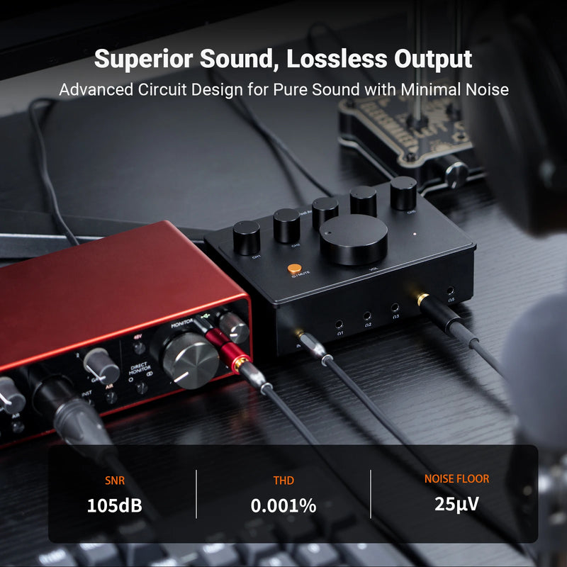 ឧបករណ៍ពង្រីកសំឡេងកាស Fosi Audio PH05 5 ឆានែល, ឧបករណ៍ពង្រីកសំឡេងលើតុខ្នាតតូច ជាមួយចំណុចប្រទាក់អូឌីយ៉ូ Podcast Monitor គាំទ្រ 16-300 Ω ជាមួយ 12V