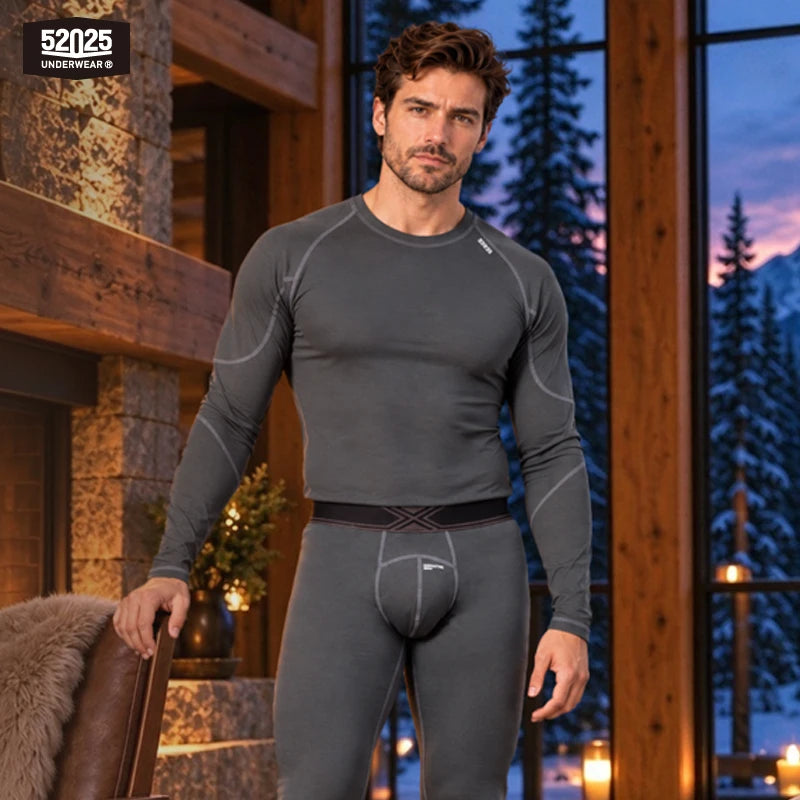 52025 Men's Premium Thermal Underwear Set – Double-Sided Brushed Fabric, Lightweight Warmth & Second-Skin Comfort