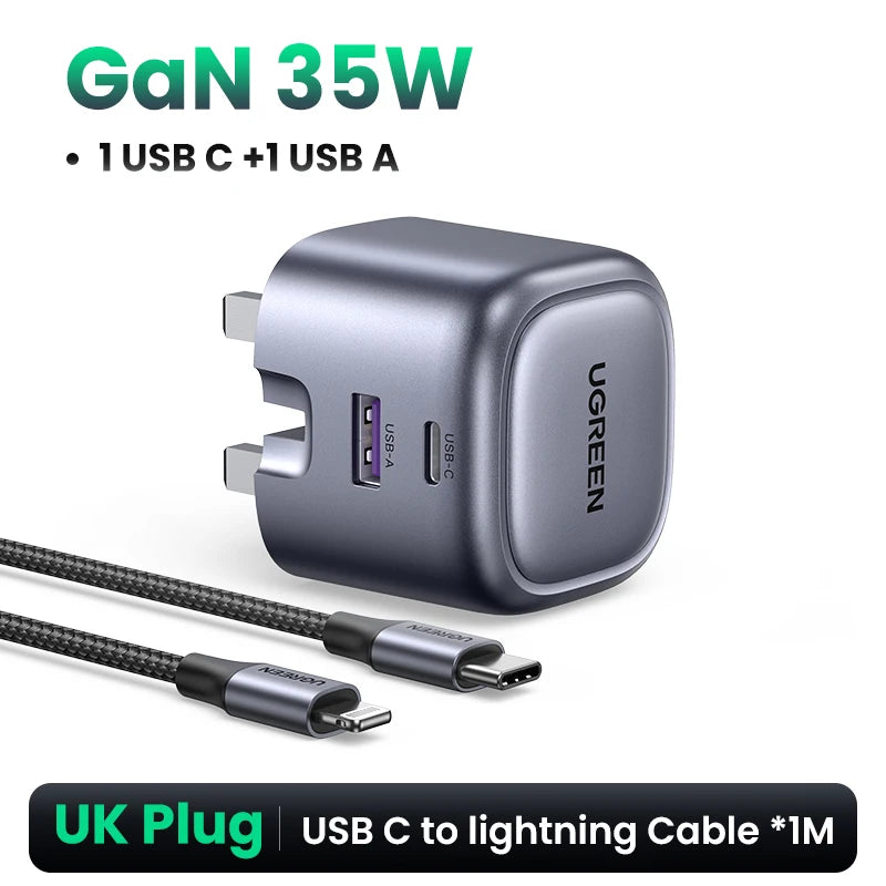 UGREEN GaN 35W Charger USB Charger PD3.0 QC3.0 Quick Charger For iPhone 17 16 15 Pro Samsung Xiaomi iPad Pro USB C Fast Charger