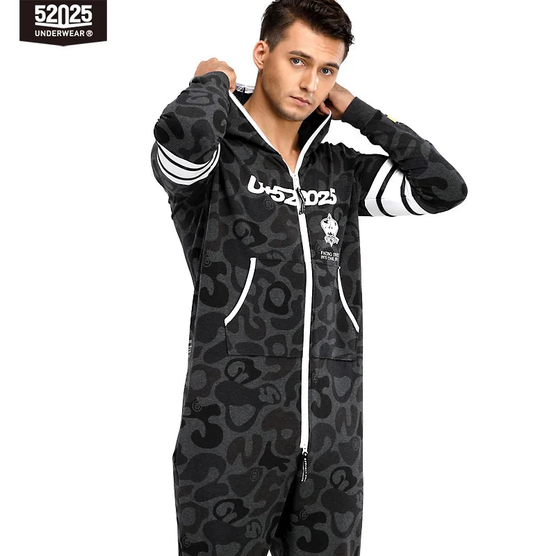 52025 Men’s Hooded Jumpsuit – One-Piece Cotton Pajamas, Comfortable Hooded Lounge Onesie for Men. Relax in Style and Comfort