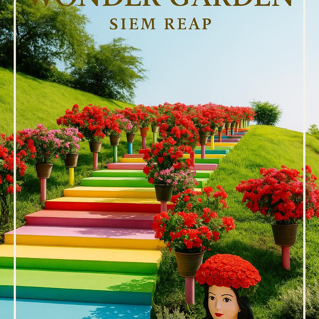Colorful garden pathway with flowers and a woman's face in a flower crown, labeled 'Wonder Garden Siem Reap'.