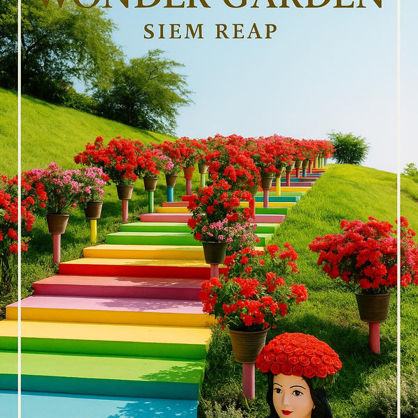 Colorful garden pathway with flowers and a woman's face in a flower crown, labeled 'Wonder Garden Siem Reap'.