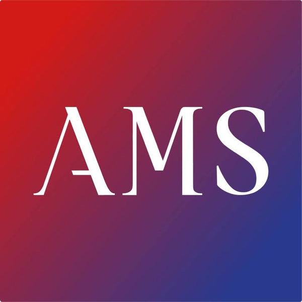 White 'AMS' logo on a red to blue gradient background