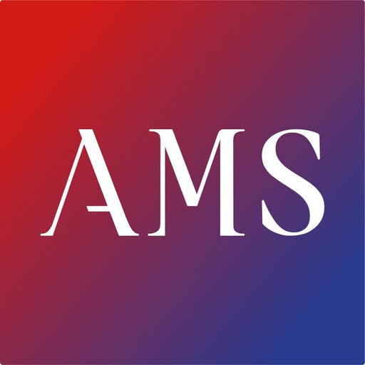 White 'AMS' logo on a red to blue gradient background
