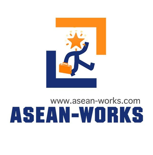 Logo of ASEAN-WORKS with a stylized figure carrying a briefcase and an orange square with a star on a white background.