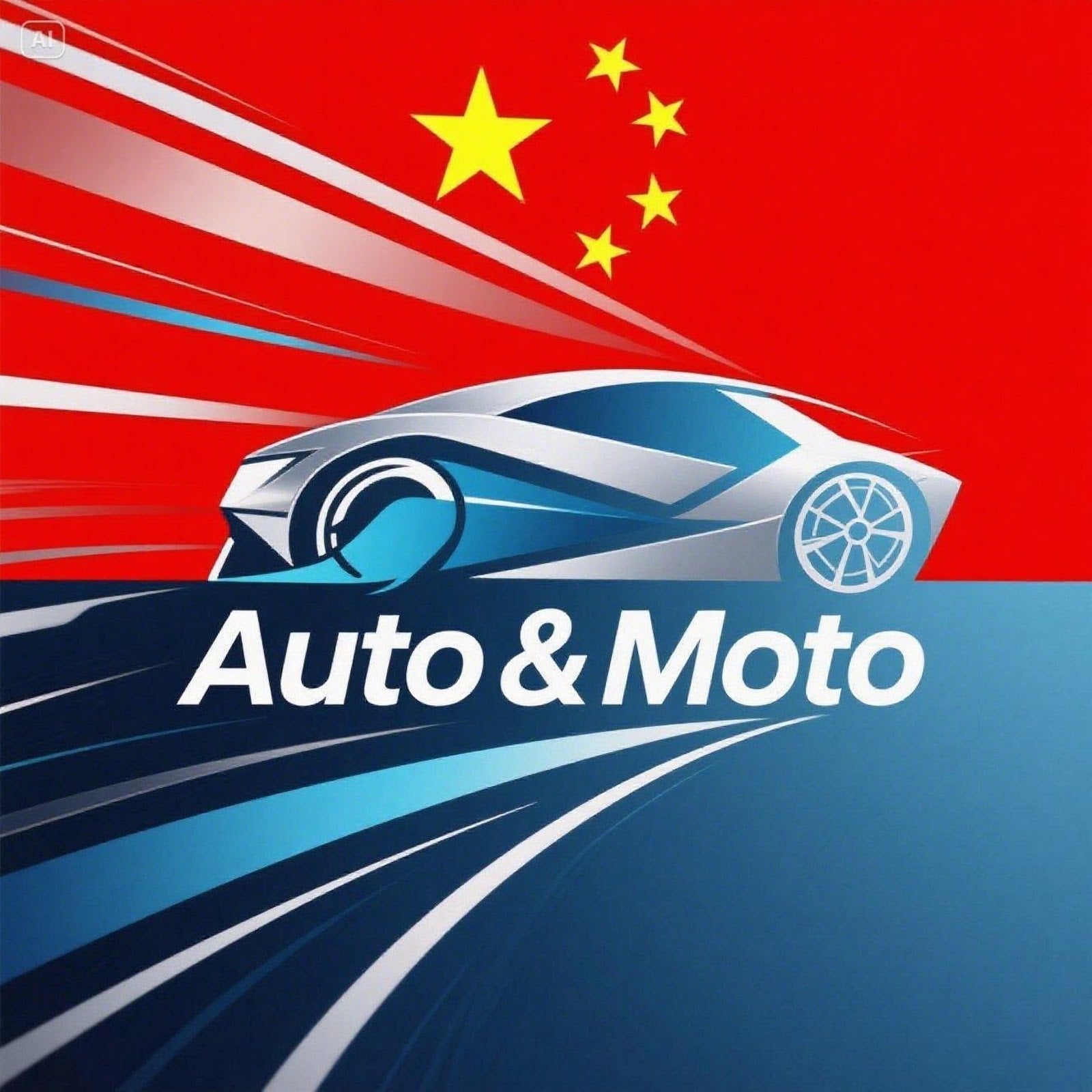 A stylized graphic with a blue and silver sports car over a red and blue background featuring yellow stars, with the text 'Auto & Moto' across the center.