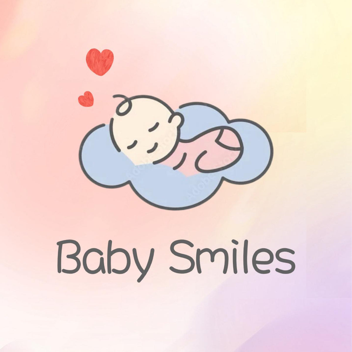 Illustration of a baby sleeping on a cloud with hearts and 'Baby Smiles' text on a pastel background