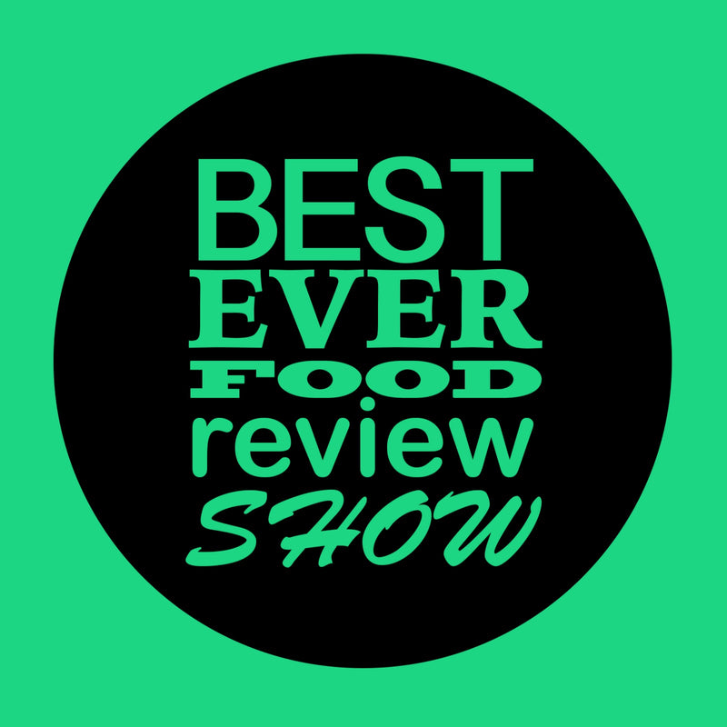 A graphic design featuring the text 'BEST EVER FOOD review SHOW' in bright green lettering, with 'BEST EVER' and 'review SHOW' in a bold serif font and 'FOOD' and 'review' in a smaller script font. The text is arranged inside a large black circle on a solid bright green background.