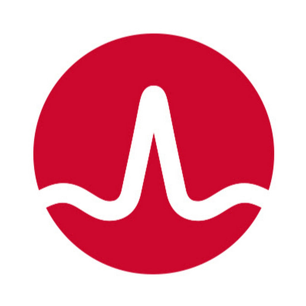 Logo with a red circle and white wave-like design on a white background