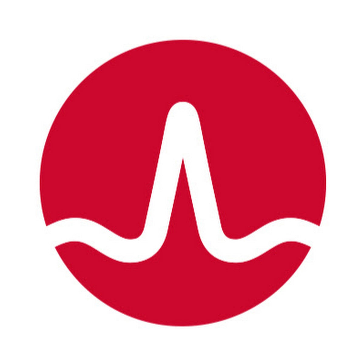 Logo with a red circle and white wave-like design on a white background