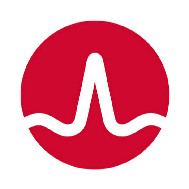 Logo with a red circle and white wave-like design on a white background