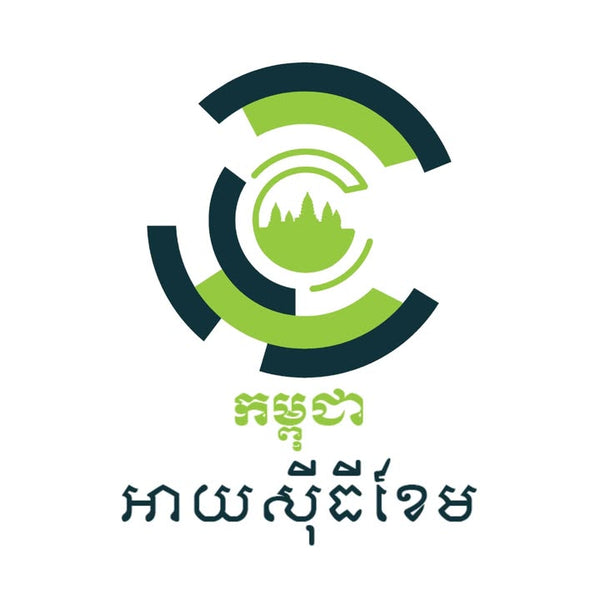 Logo with green and blue circular design on a white background