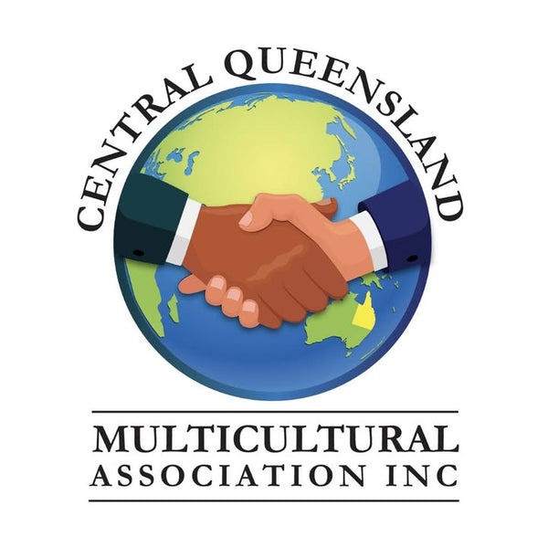 Logo of Central Queensland Multicultural Association Inc with handshake over a world map.