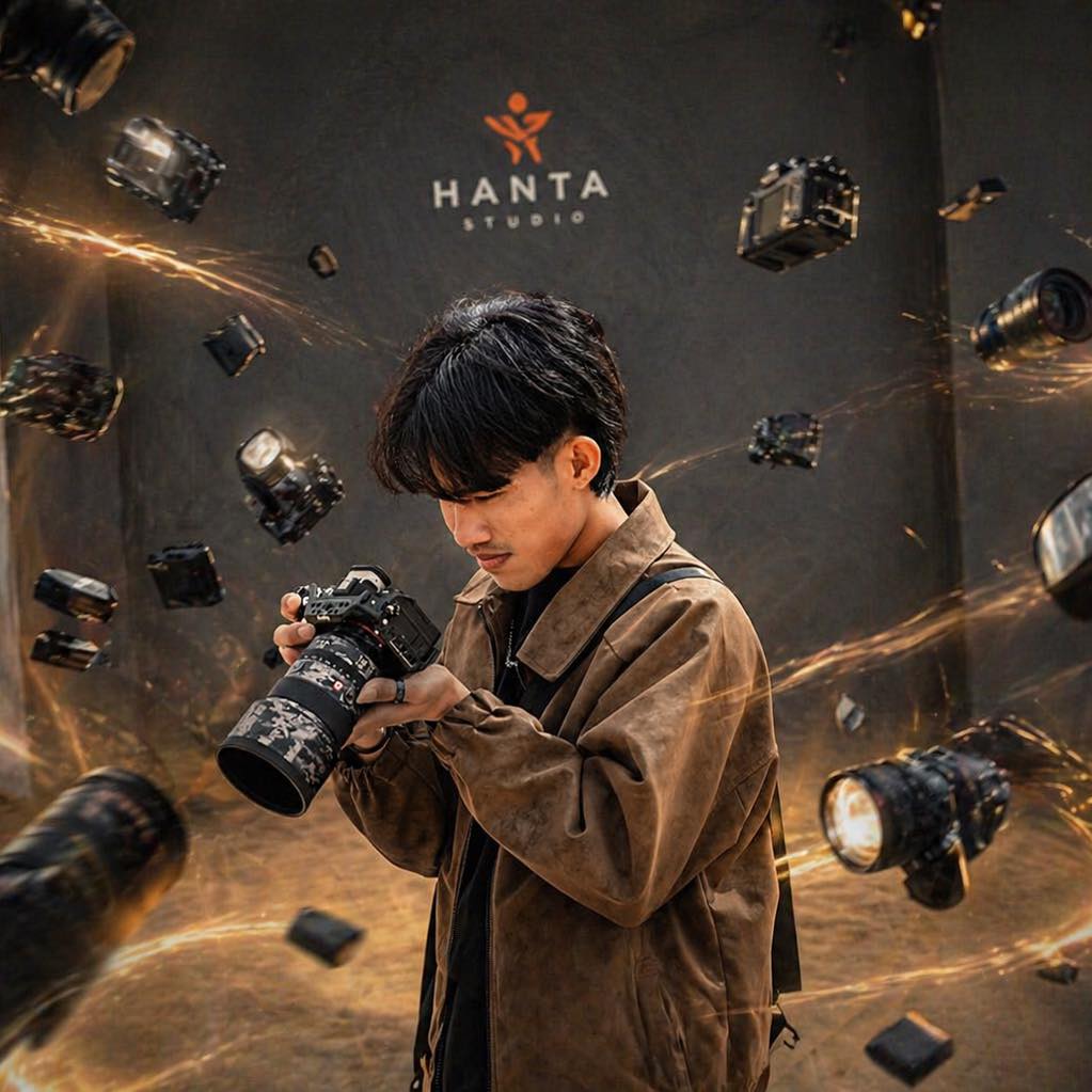 Person holding a camera with HANTA Studio logo in the background