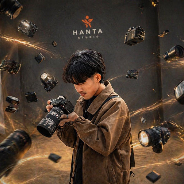 Person holding a camera with HANTA Studio logo in the background