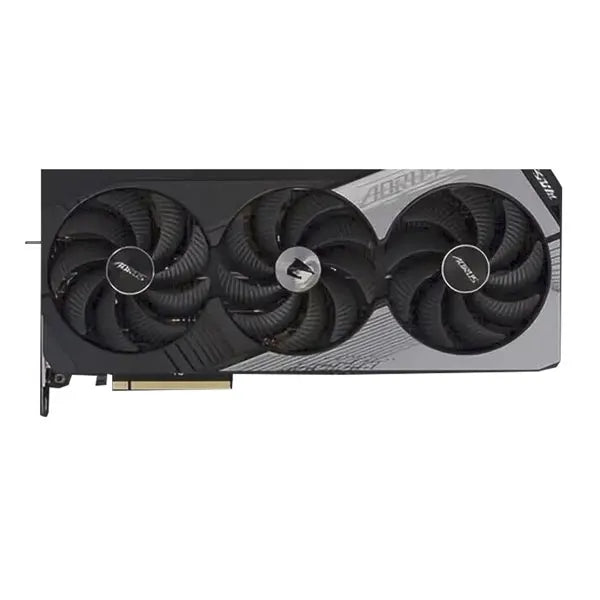 A graphics card with three fans on a white background
