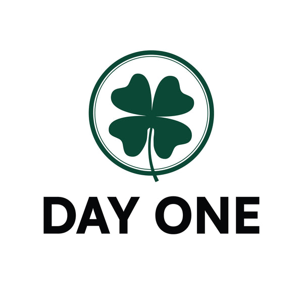 Logo with a four-leaf clover and 'Day One' text on a white background