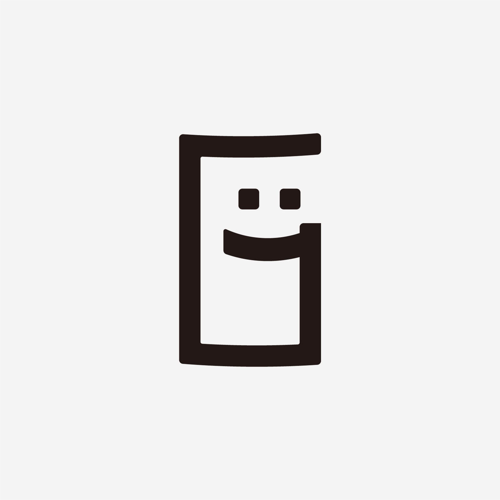 A minimalist dark brown line icon on a light gray background, depicting a stylized rectangular frame with small square eyes and a curved smile.