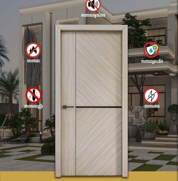 A light beige wood-textured interior door with a diagonal panel design and a black horizontal handle, shown centered in front of a modern house exterior. Several red-and-white feature icons with Thai text are overlaid around the door to highlight soundproof, fire-resistant, and security benefits.