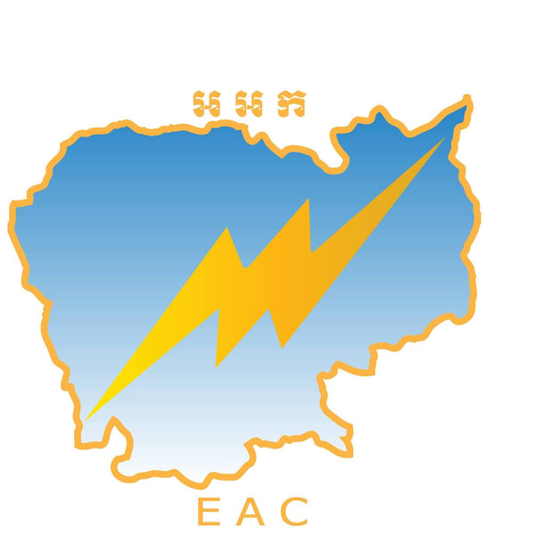Cambodia Map outline with a yellow lightning bolt and 'EAC' text on a white background