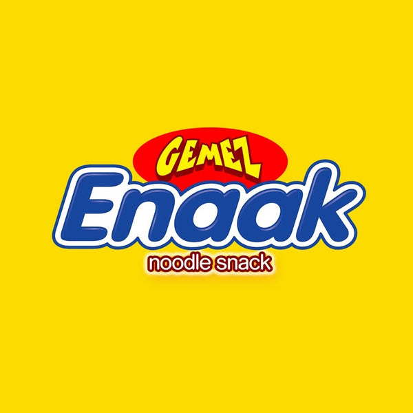 Gemez Enaak noodle snack logo on a yellow background