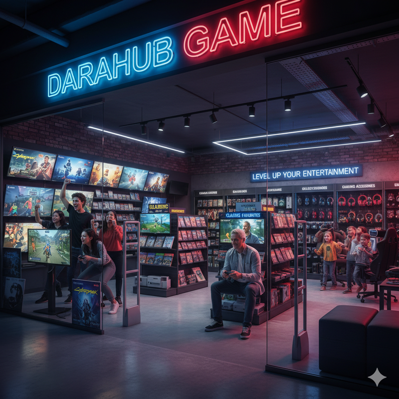 Gaming store interior with neon signs and customers interacting with gaming equipment.