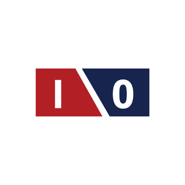 Logo with red and blue design on a white background