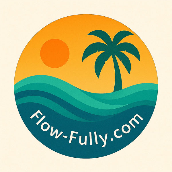 Circular logo with palm tree, sun, and waves on a beige background with 'Flow-Fully.com' text.