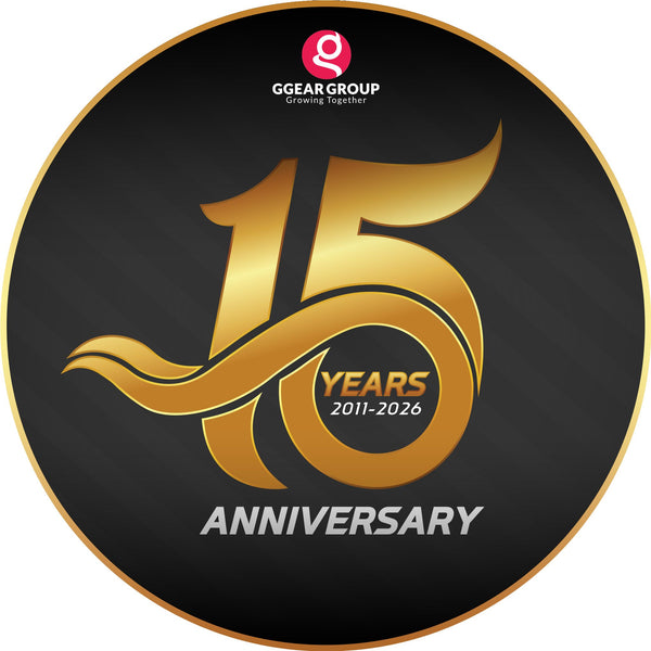 15th anniversary logo with gold number '15' and text on a black background, featuring GGear Group logo.