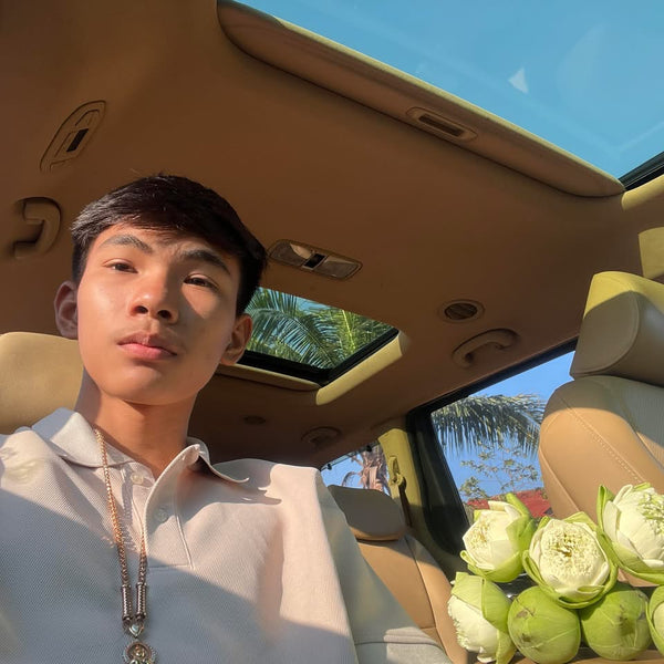 Person sitting inside a car with a scenic view outside