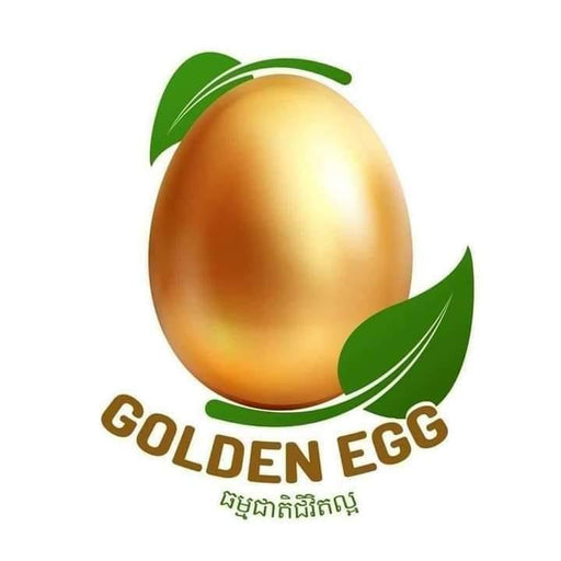 Logo of a golden egg with green leaves on a white background