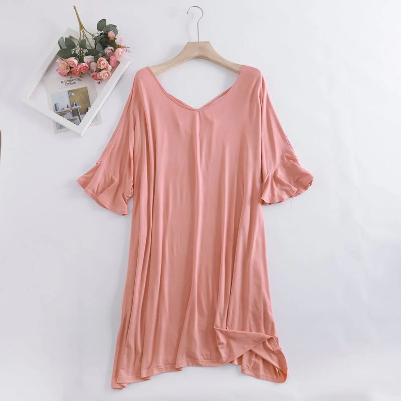 New Nightgowns Women Loose Modal Summer Dress Beautiful Back Flared Sleeves Sexy Nightshirt Large Size Ladie's Nightdress