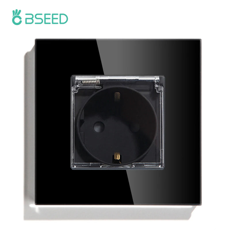 BSEED EU Standard Single Power Sockets With Waterproof Cover Double Wall Outlet Bathroom Triple Plugs 16A Crystal Panel 110-250V