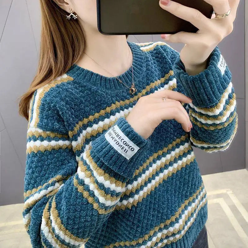 Fdfklak Stitching Color Winter Sweater Women Thick Spring Autumn 2026 New Student O Neck Pullover Korean Loose Tops Jersey Mujer