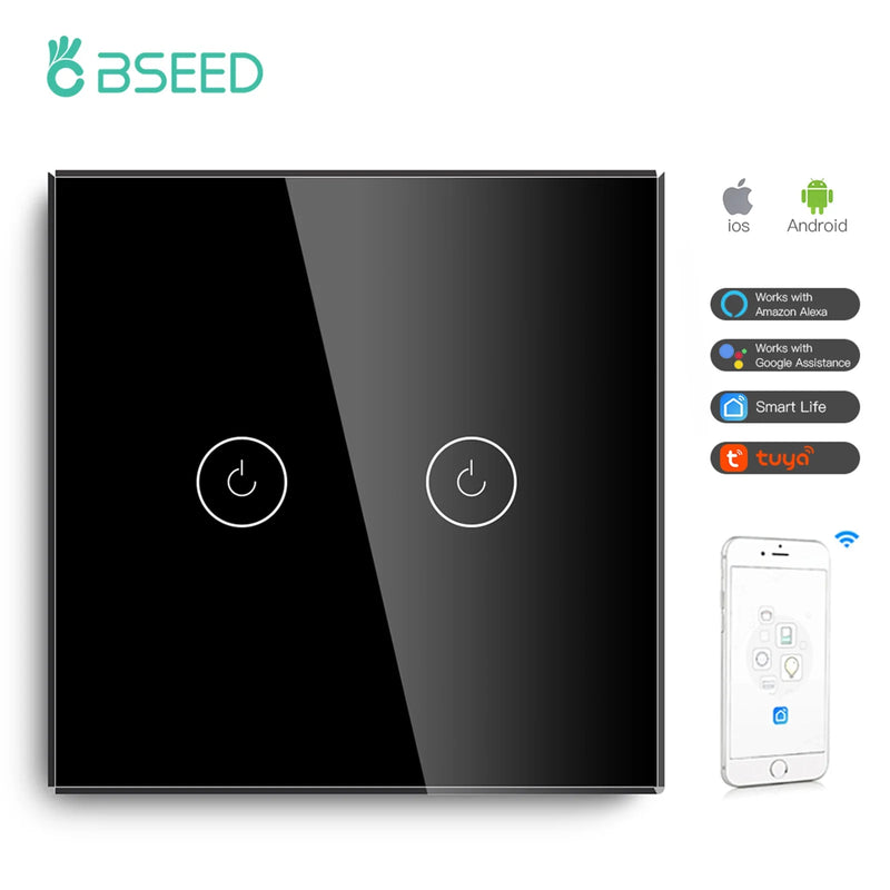 BSEED WIFI Wall Switches Smart Touch Screen LED Light Switches 1/2/3Gang 1/2/3Way Google Alexa App Power Switches Neutral Wire