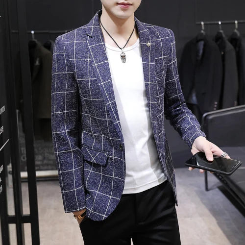 Off White Men's Plaid Suit Jacket, Spring /Autumn New Terno Masculino, Business Casual Blazers, Homme Fashion Slim Coat.