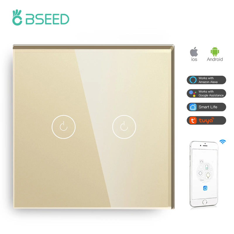 BSEED WIFI Wall Switches Smart Touch Screen LED Light Switches 1/2/3Gang 1/2/3Way Google Alexa App Power Switches Neutral Wire